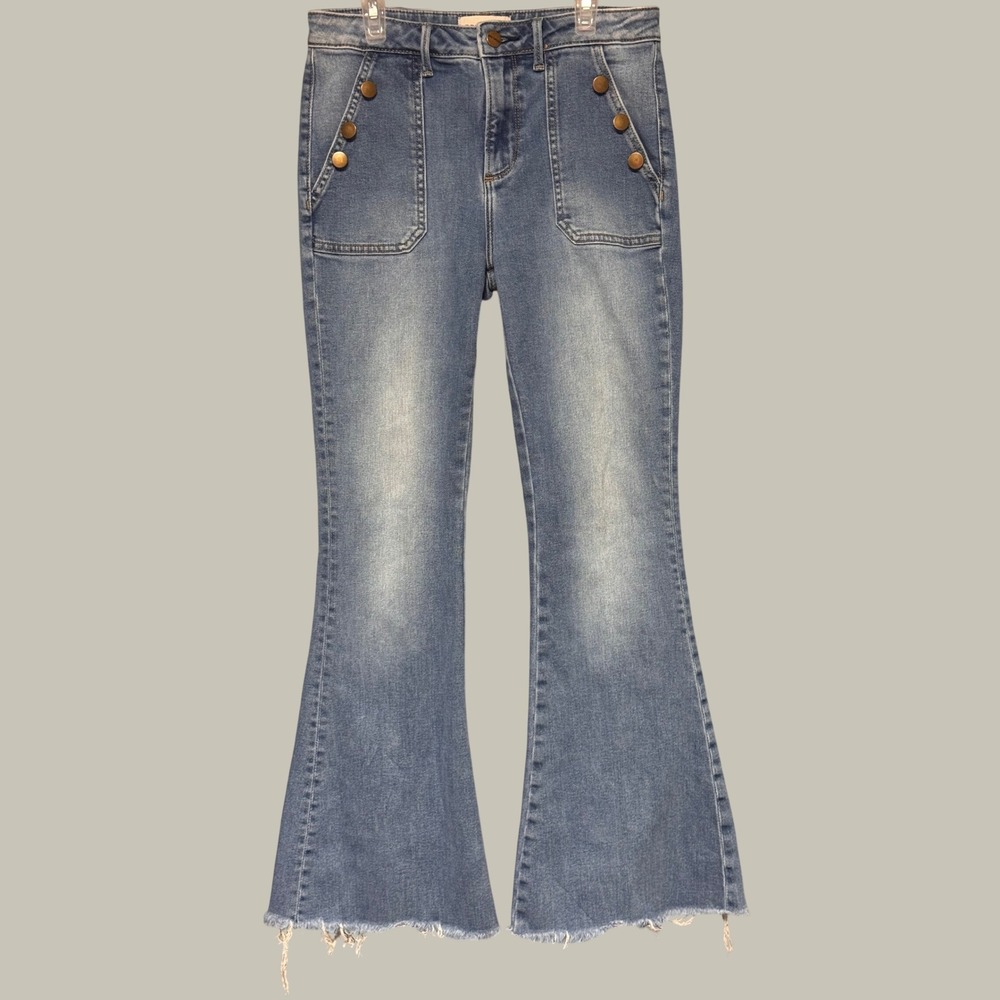 Driftwood Farrah High Rise Flare Jeans Medium Wash Sailor Button Raw Hem Size 27